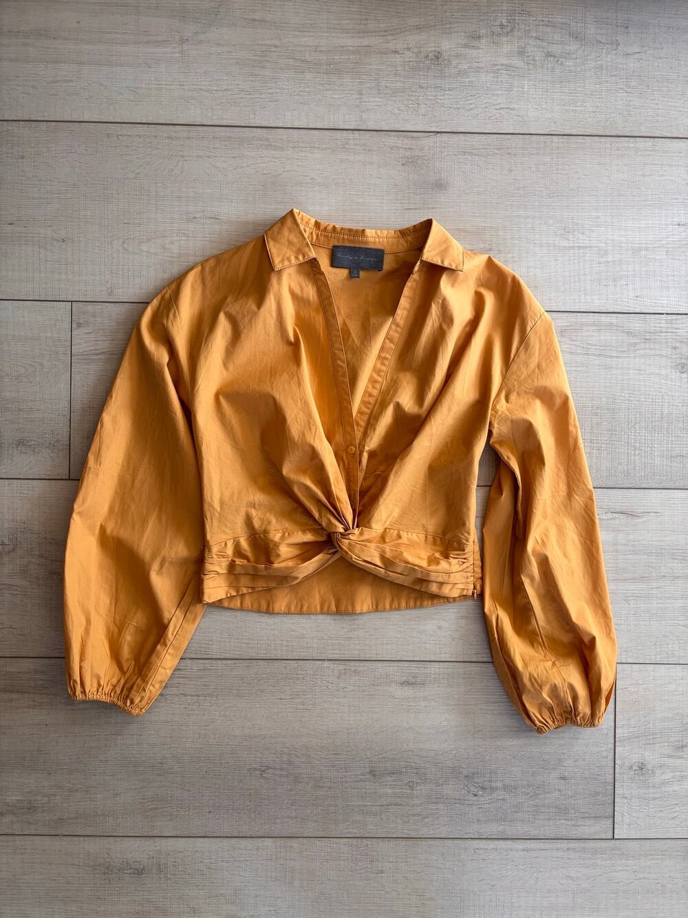 Sundays in Brooklyn Twist Front Cropped Blouse Women Size S Mustard Long Sleeve